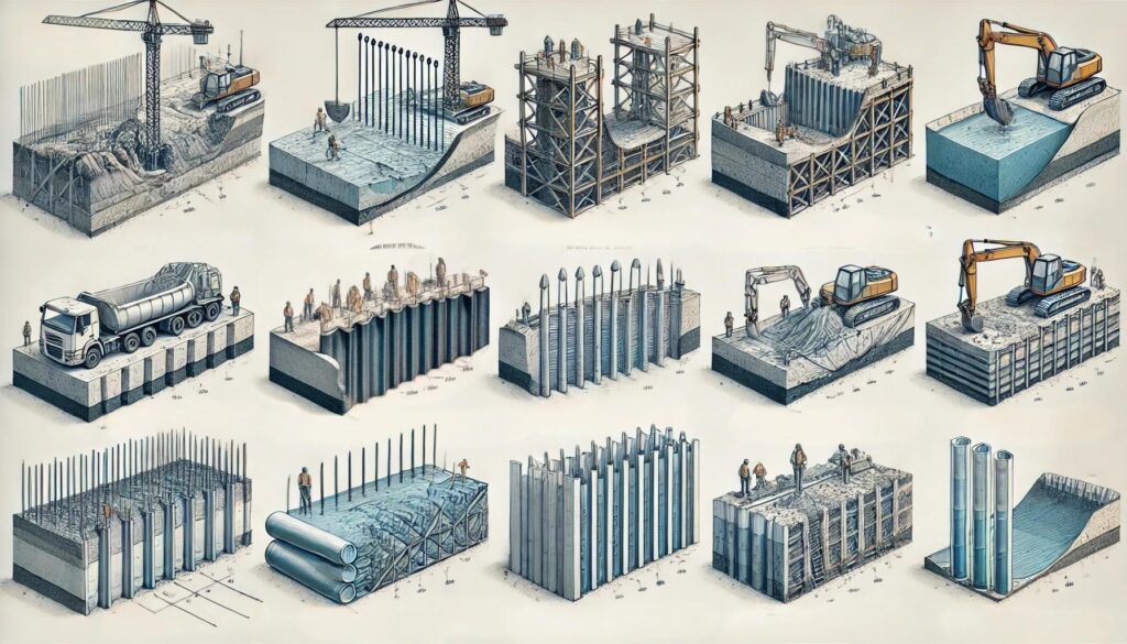 DALL·E 2024 06 20 08.55.51 A schematic illustration showcasing various methods of excavation stabilization on a white background. Include different stabilization techniques such 1024x585 - روش‌های پایدارسازی گود